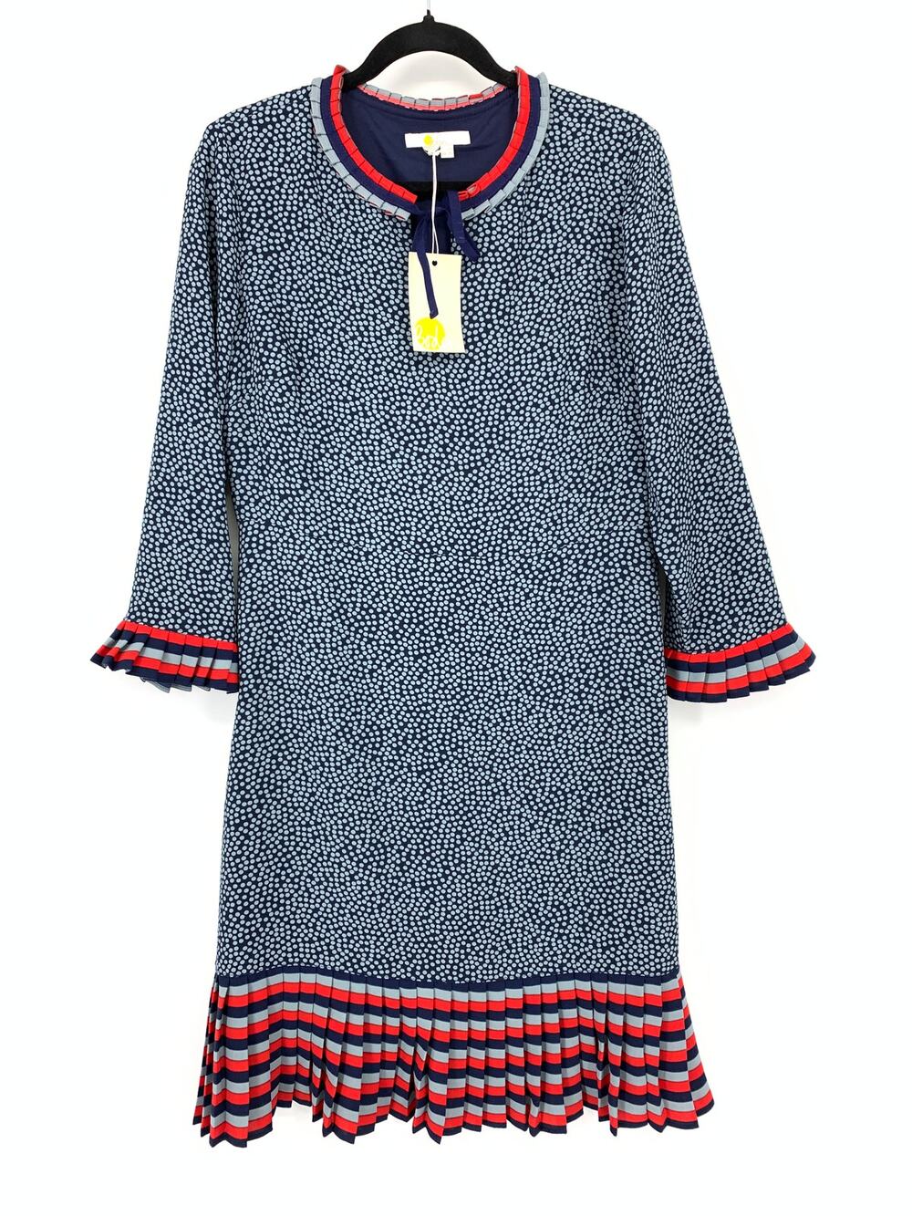 Boden Lara Pleated Details Shift Dress Womens Sz 8 Long Navy Light Blue Dot NEW
